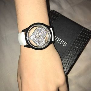 Guess WH Leather Silver Tone Watch w/ Heart